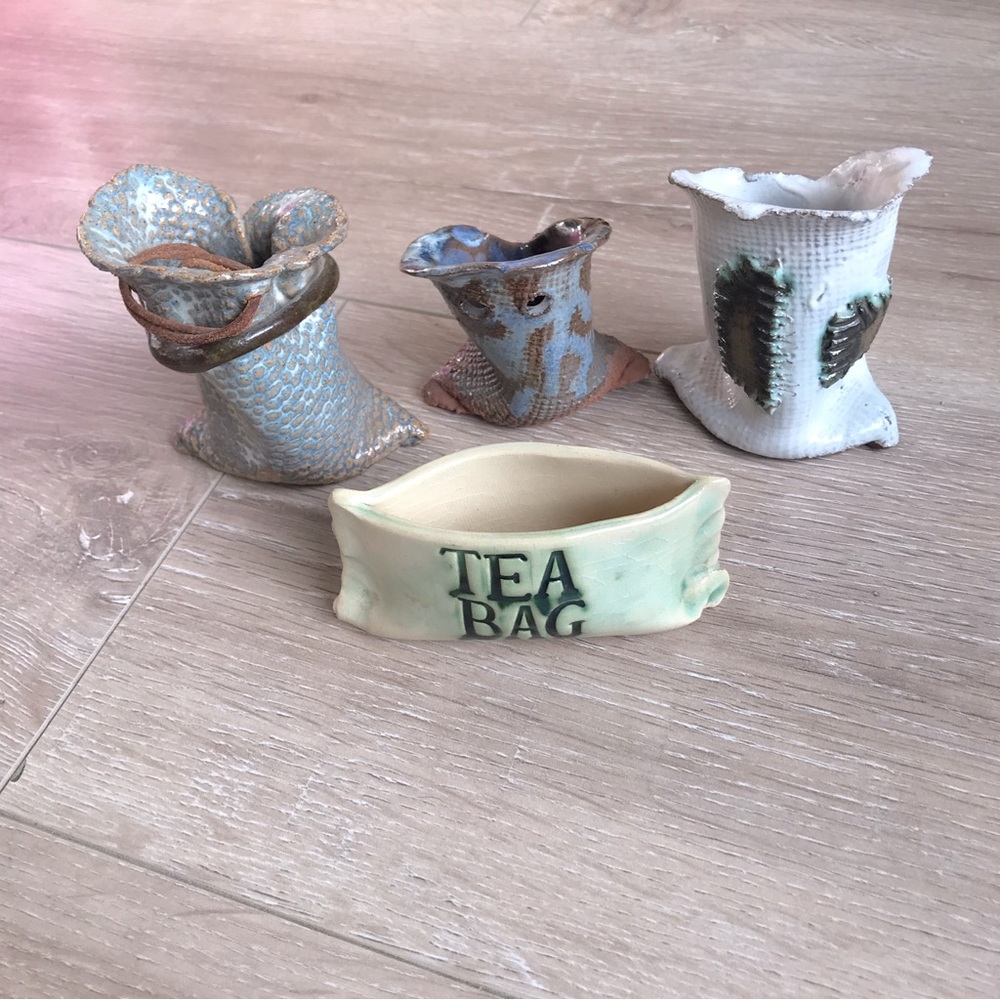 Vintage mini Pottery decor lot of‎ flour sacks tea bag holder